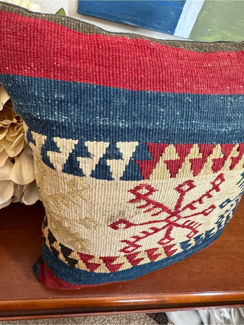 Vintage Handwoven Turkish Kilim Accent Pillow in Red, Navy & Tan